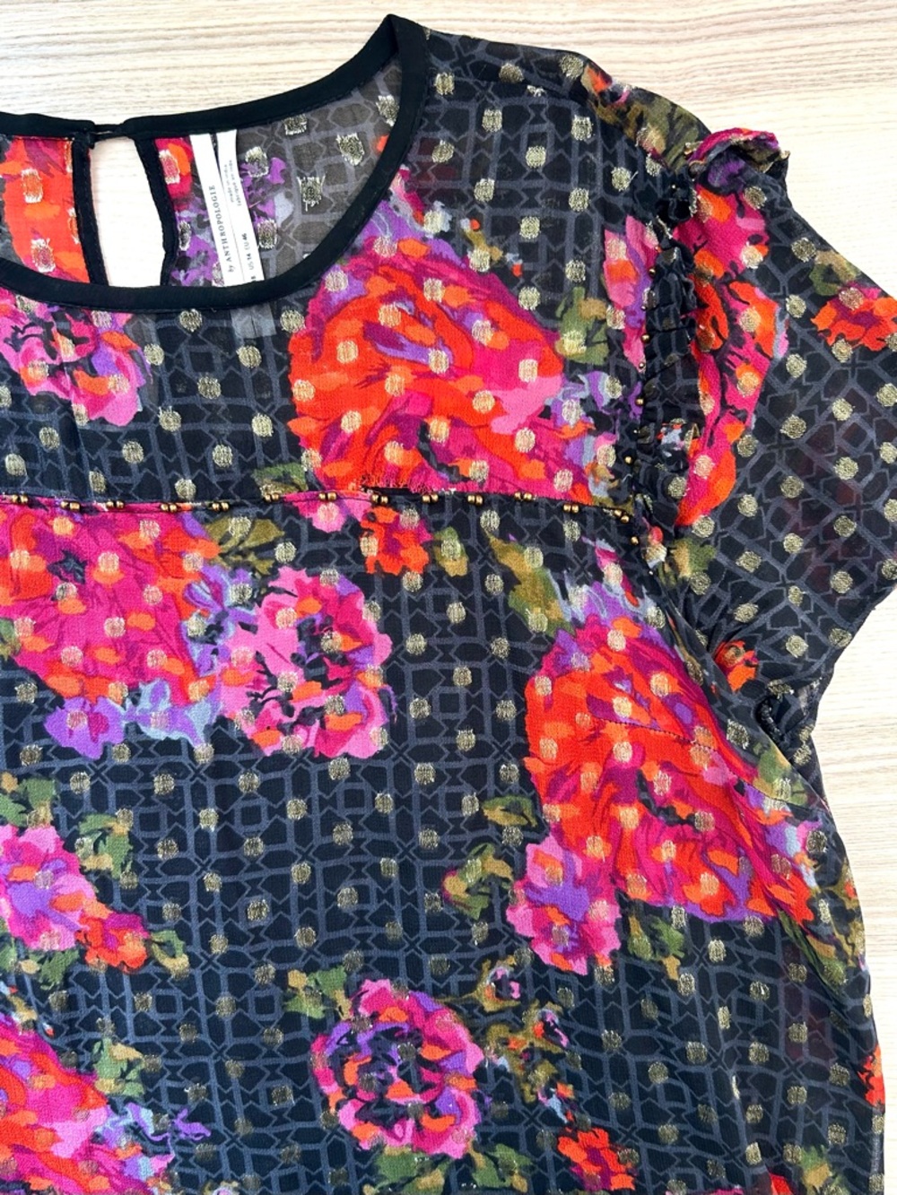 Anthropologie Fiorella Metallic Beaded Floral Polka Dot Top Boho Cottage Size 14 - Picture 8 of 10